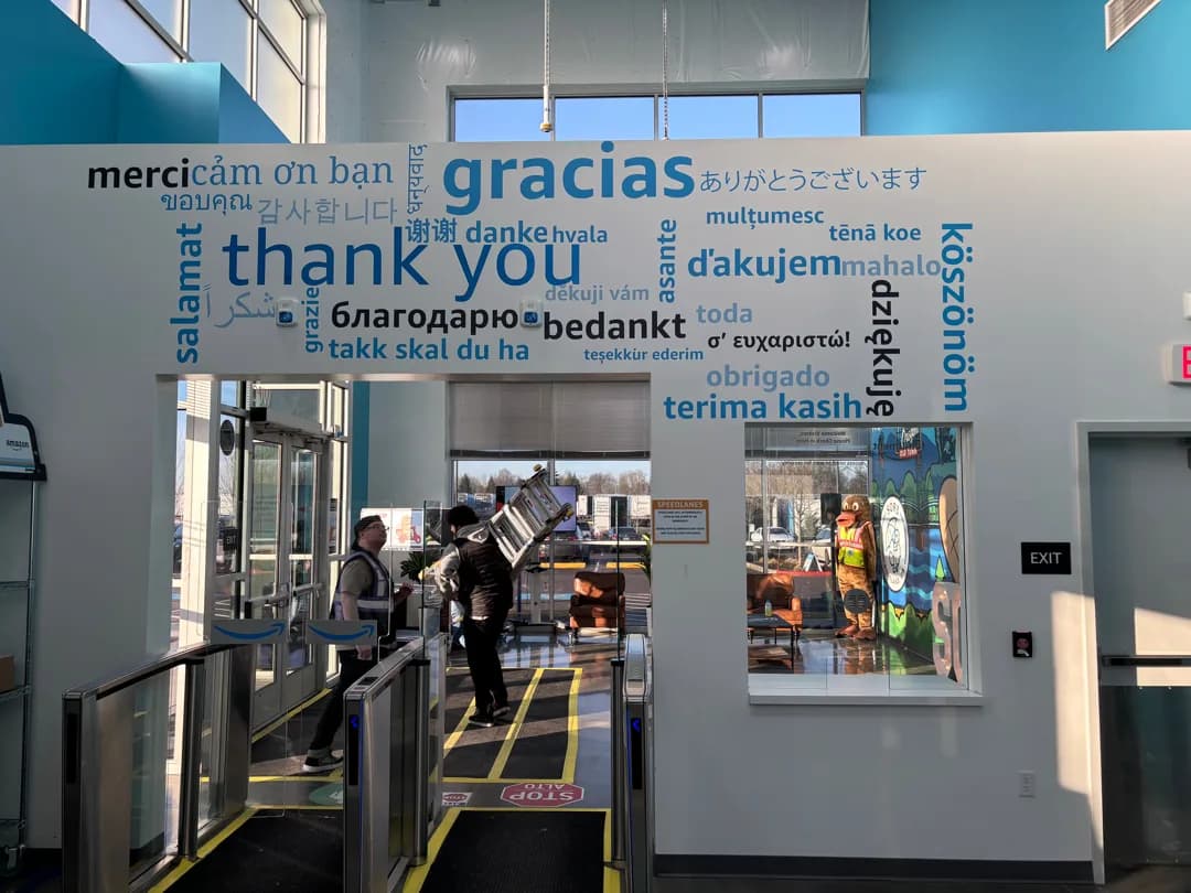 Amazon SOR3 health center wall graphics after surface preparation and installation