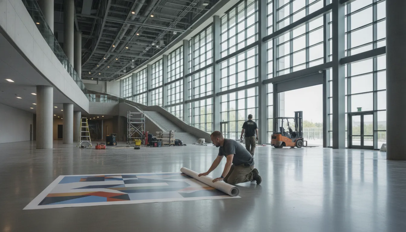 Crew preparing arena changeover graphics in a venue concourse
