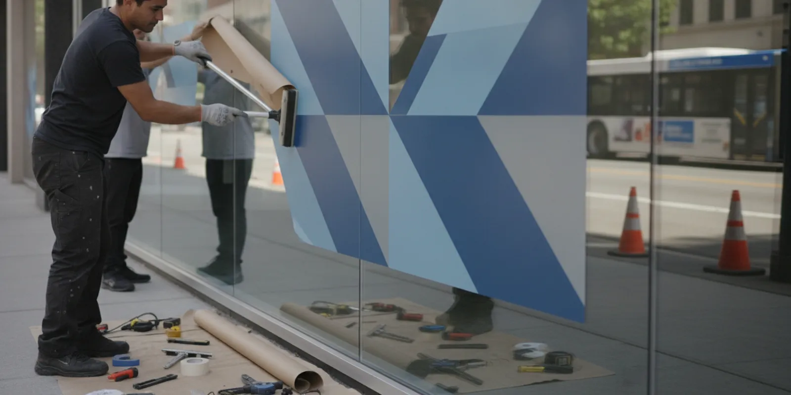 Installer checks a clean commercial glass surface before applying vinyl graphics