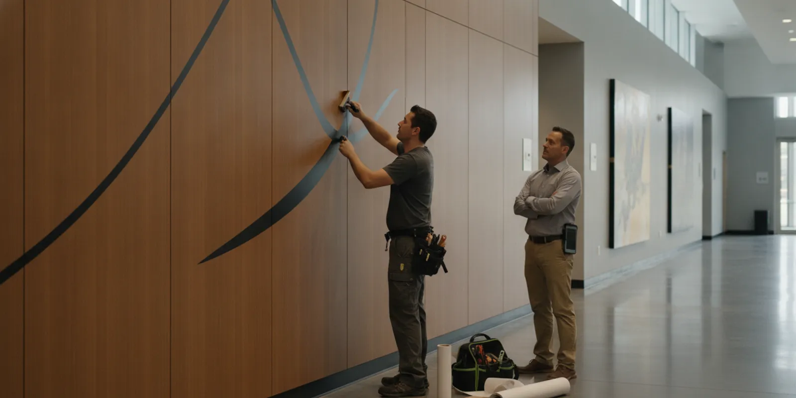 Vinyl graphics being carefully installed on a finished wall inside a performing arts venue