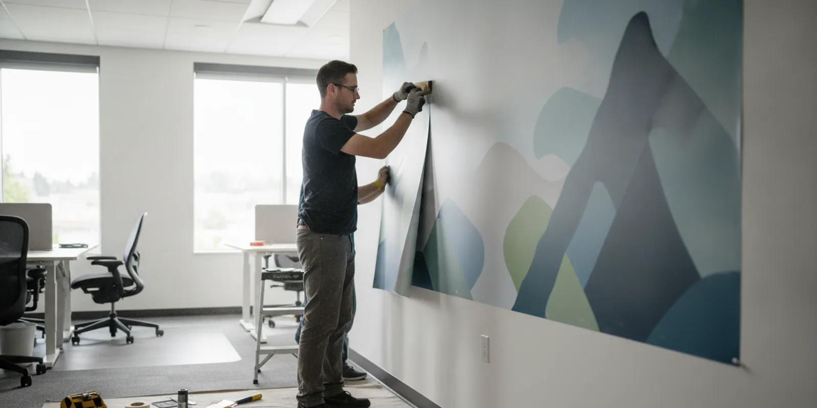Professional installer applying a large vinyl mural inside a Beaverton office