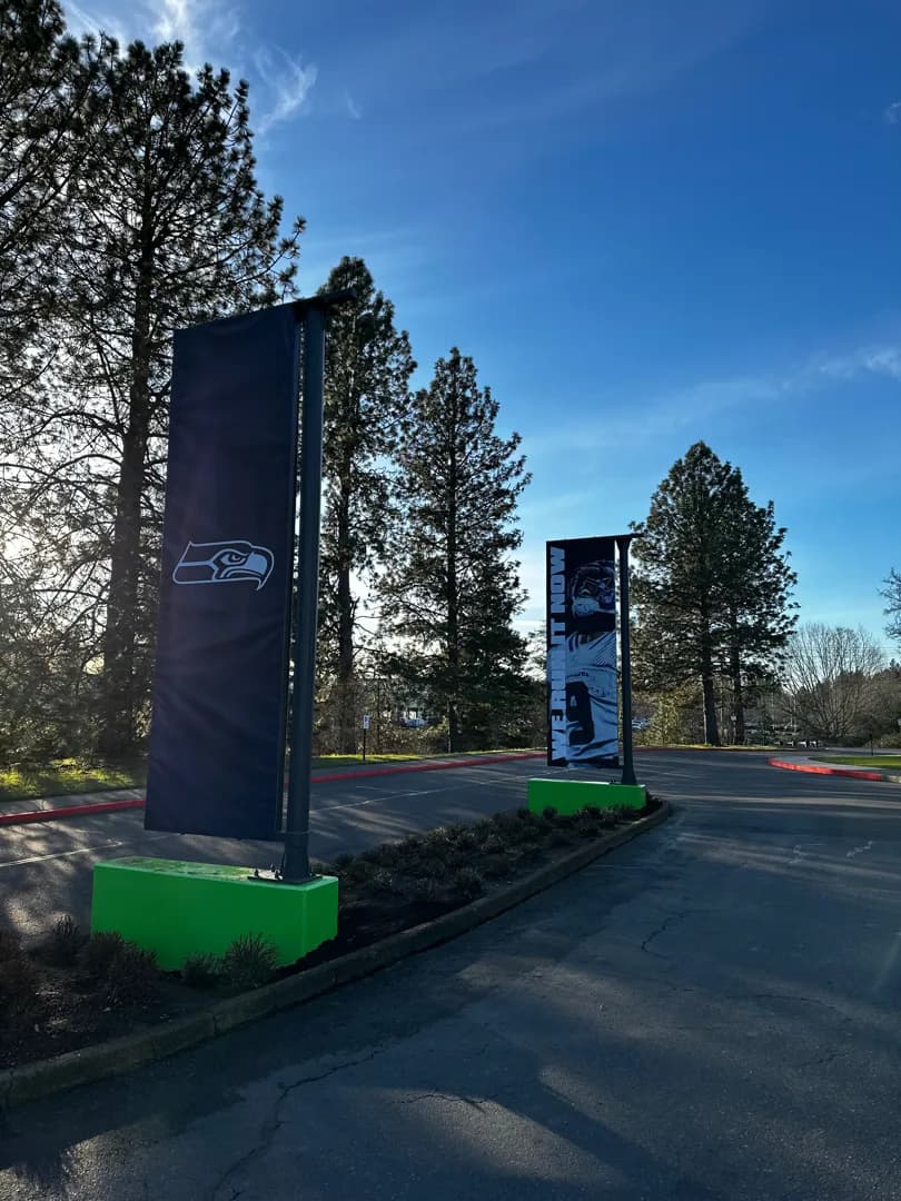 Completed Seahawks-branded parking lot banners at the Nike Employee Store