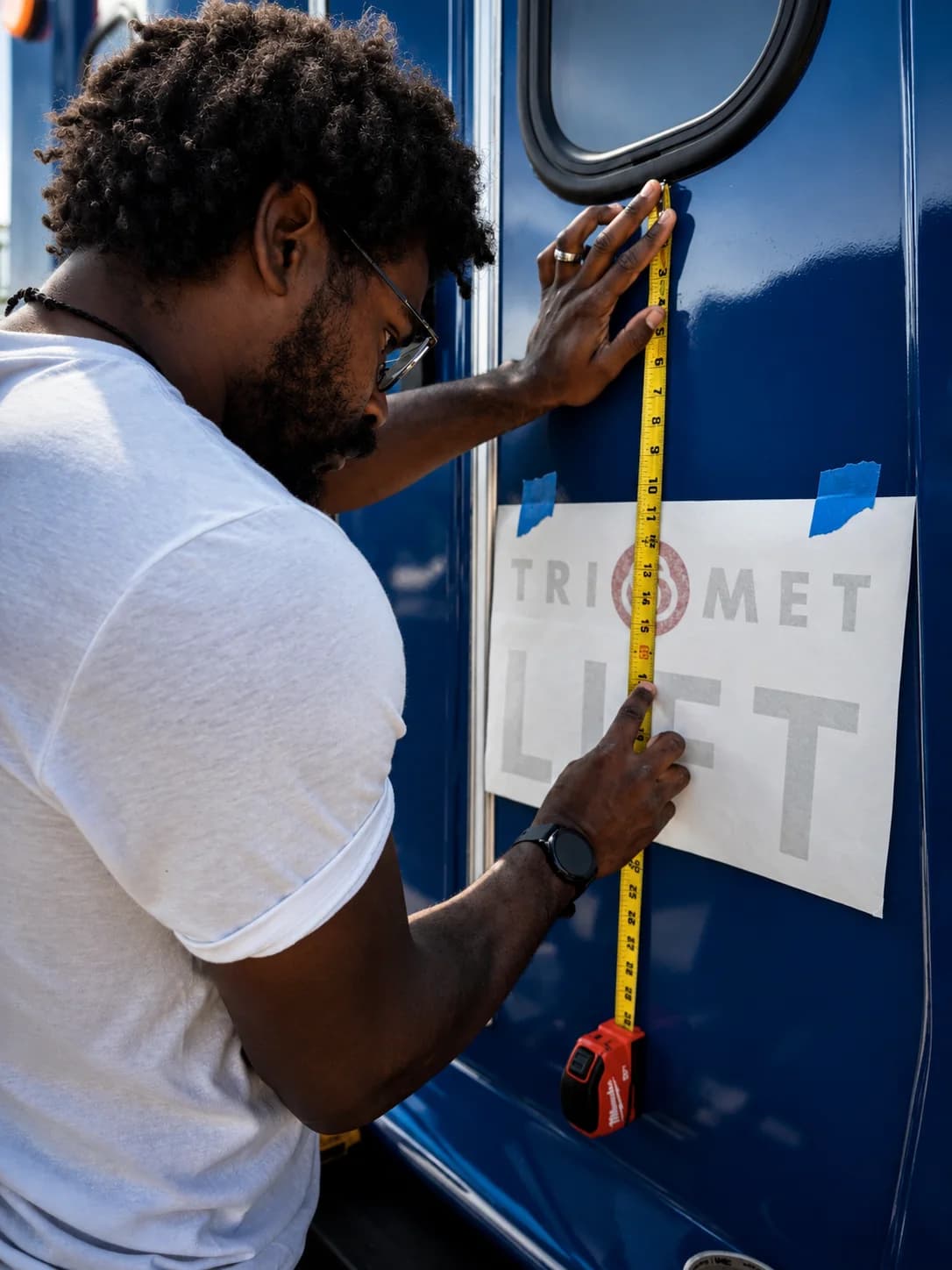 AP installer measuring and positioning vehicle graphics
