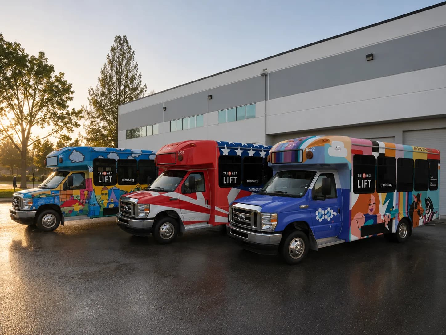 Three TriMet LIFT buses with full fleet graphics installed by AP Installations