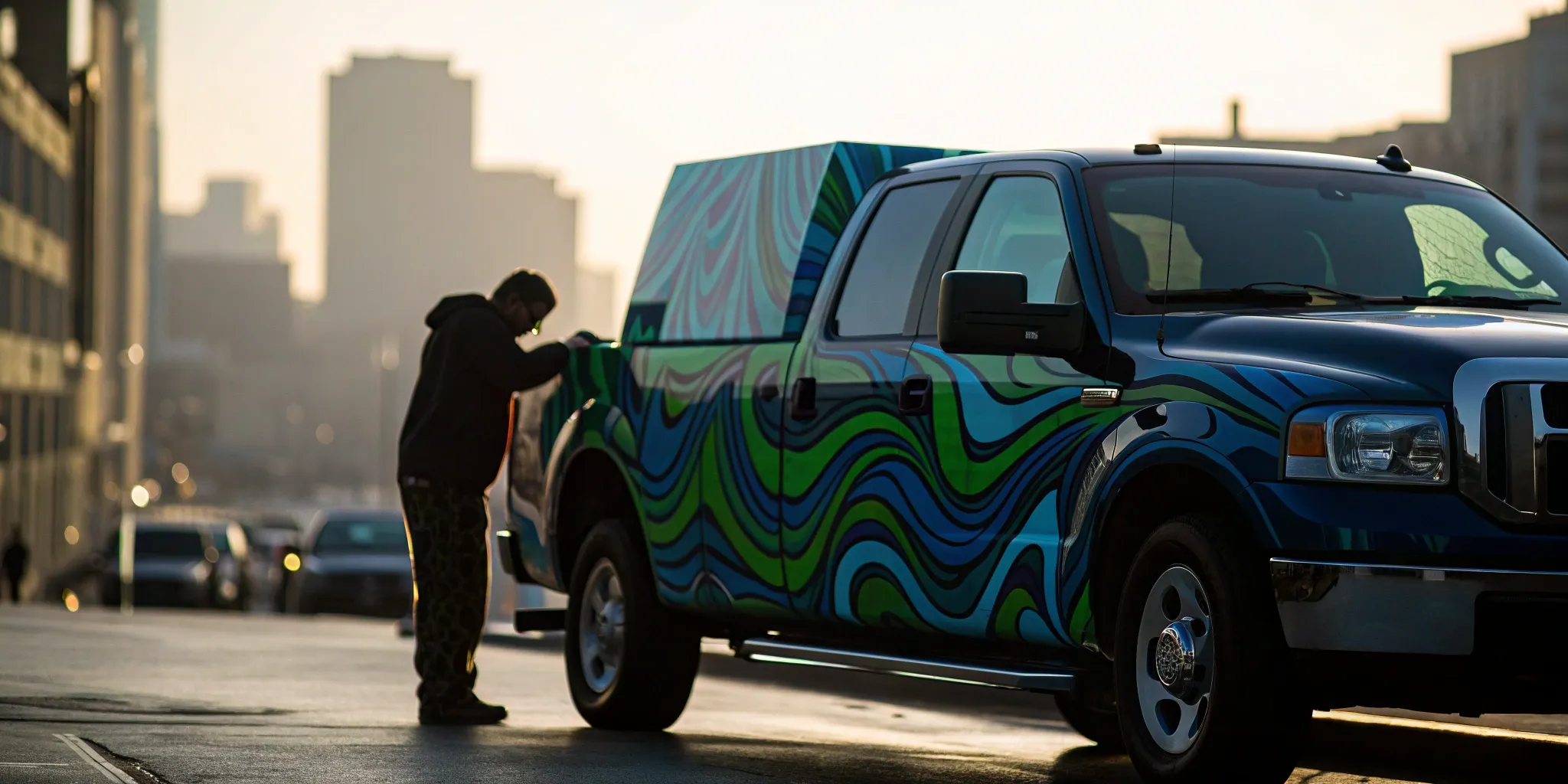 A technician applying a vinyl sheet during a truck wrap installation.