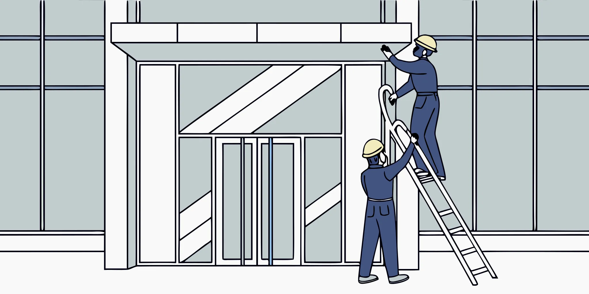 Professional banner installation service with workers on a ladder at a building entrance.