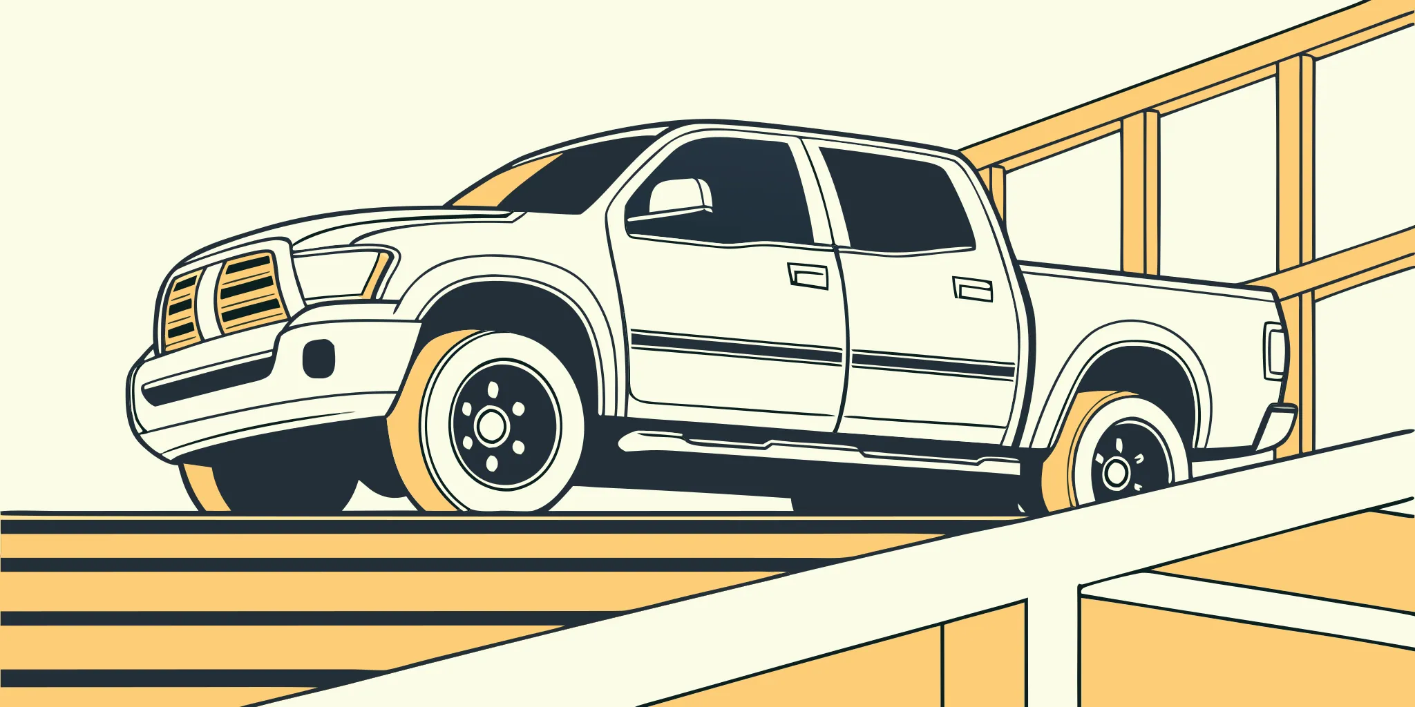 A truck with a custom wrap for branding and paint protection drives up a ramp in Austin.