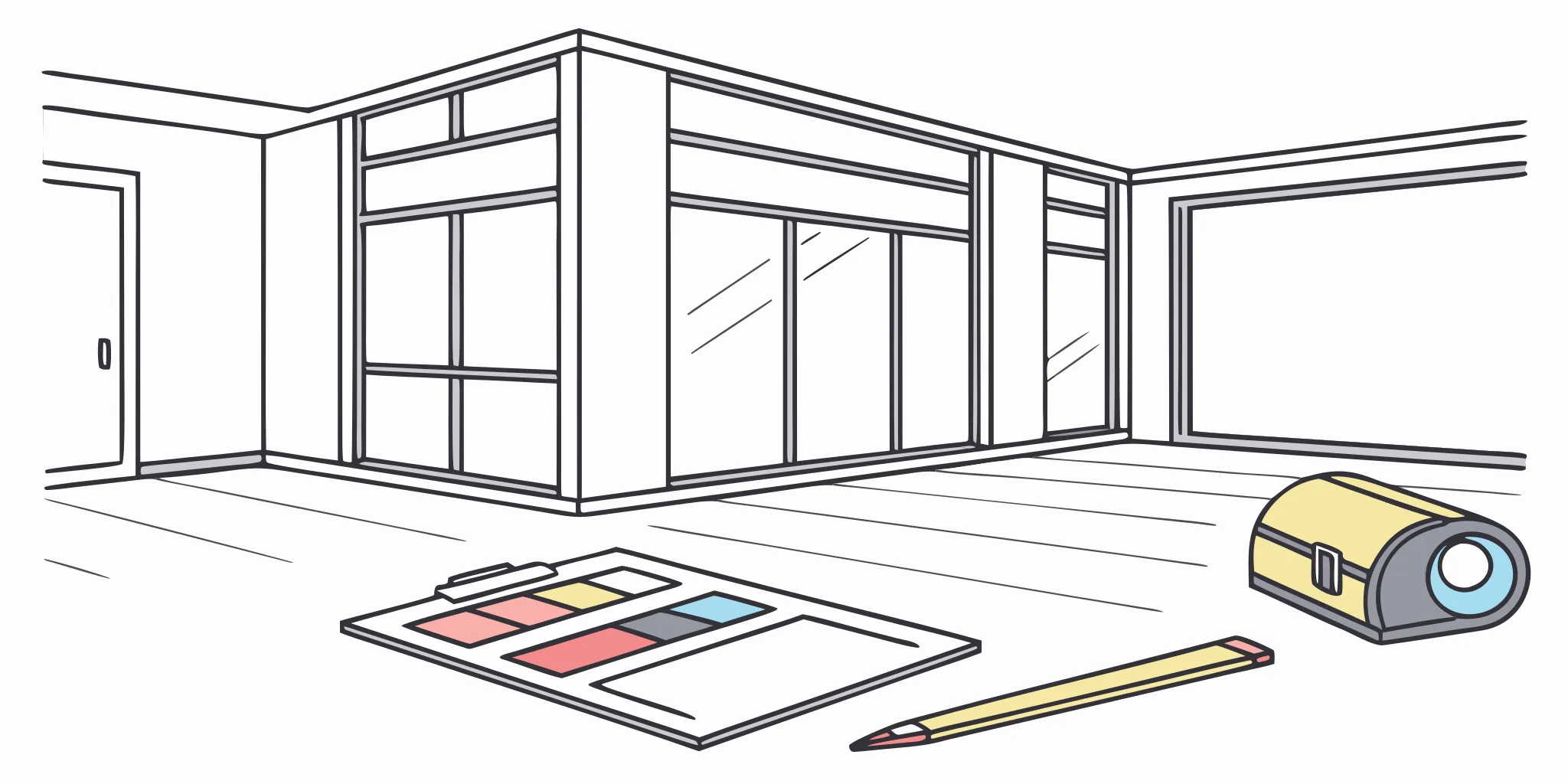 Estimating the cost of commercial vinyl installation with flooring samples and a measuring tape.