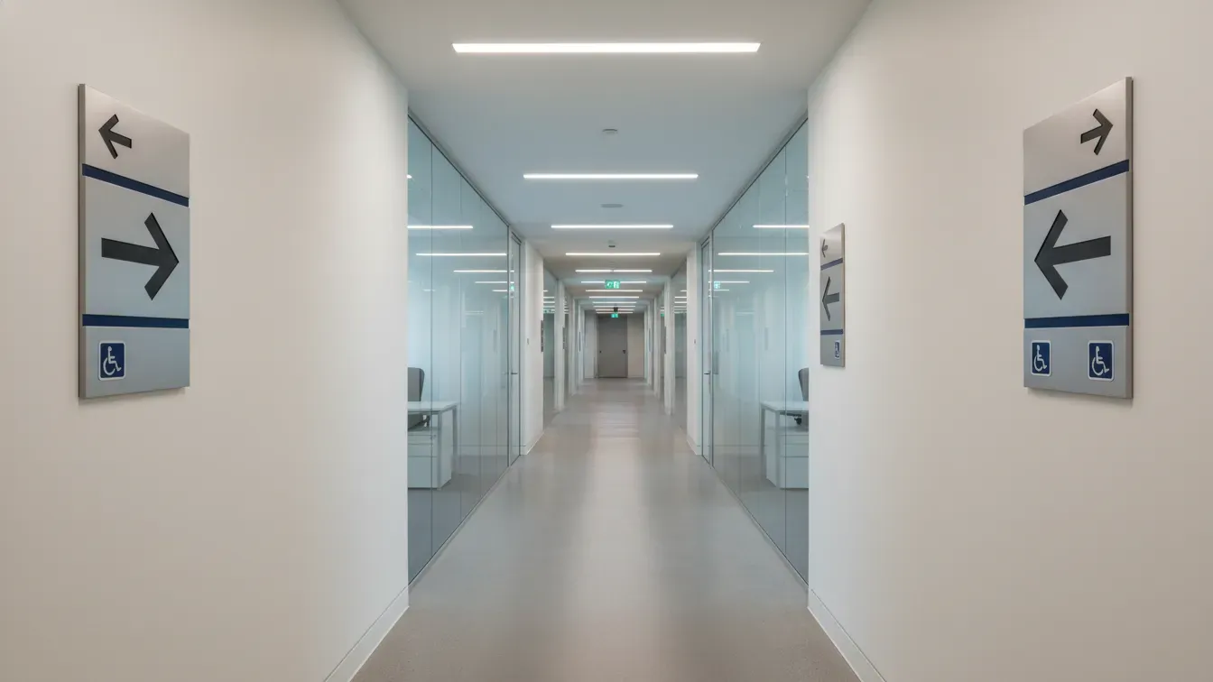 Modern commercial building hallway with ADA compliant wayfinding signage and directional signs