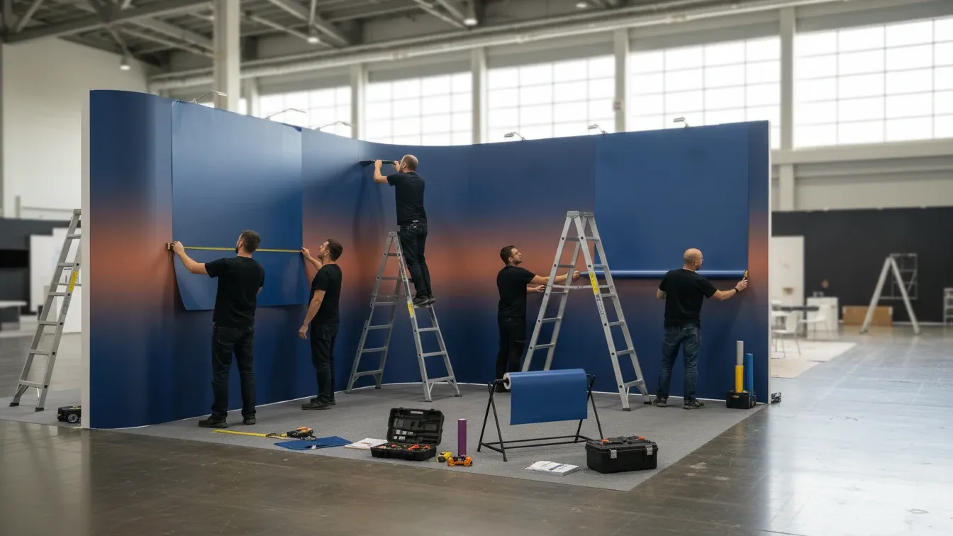 Trade show graphics installers preparing branded booth panels in an exhibit hall