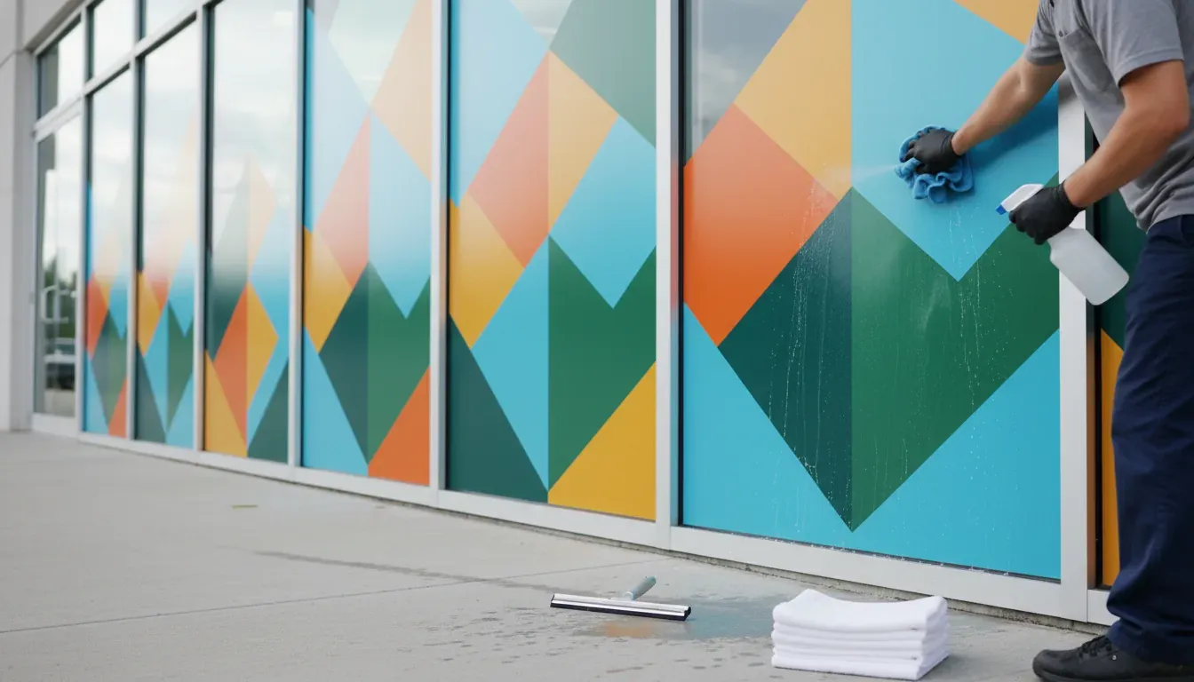 Installer cleaning commercial vinyl window graphics with a microfiber cloth
