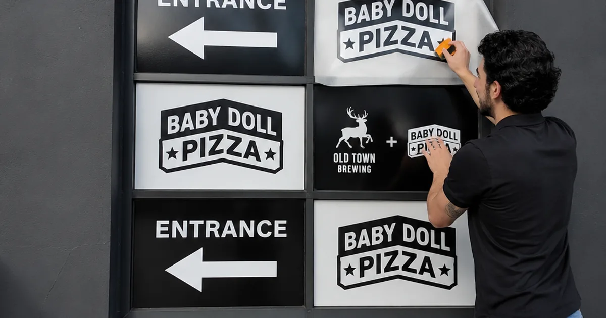 Installer applying custom restaurant window graphics