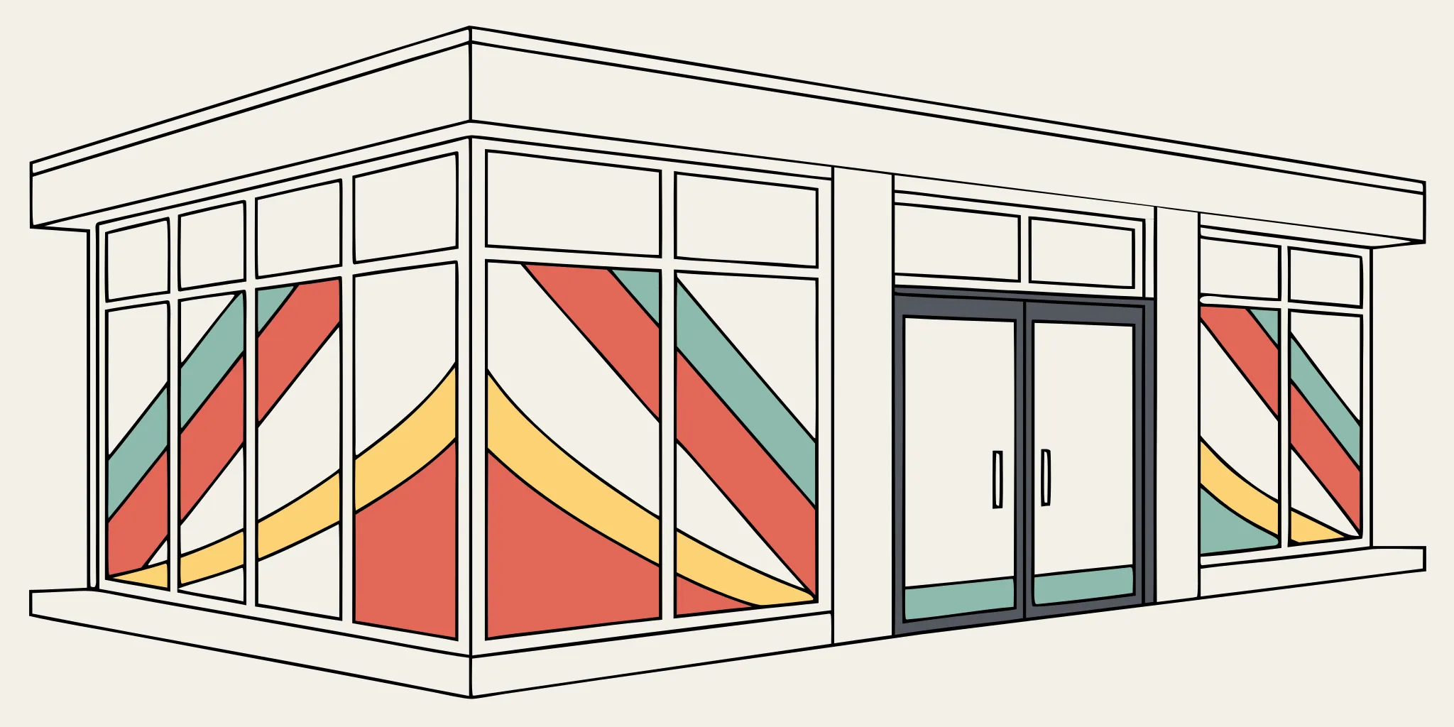 Modern commercial storefront with perforated window film graphics showing one-way vision branding effect