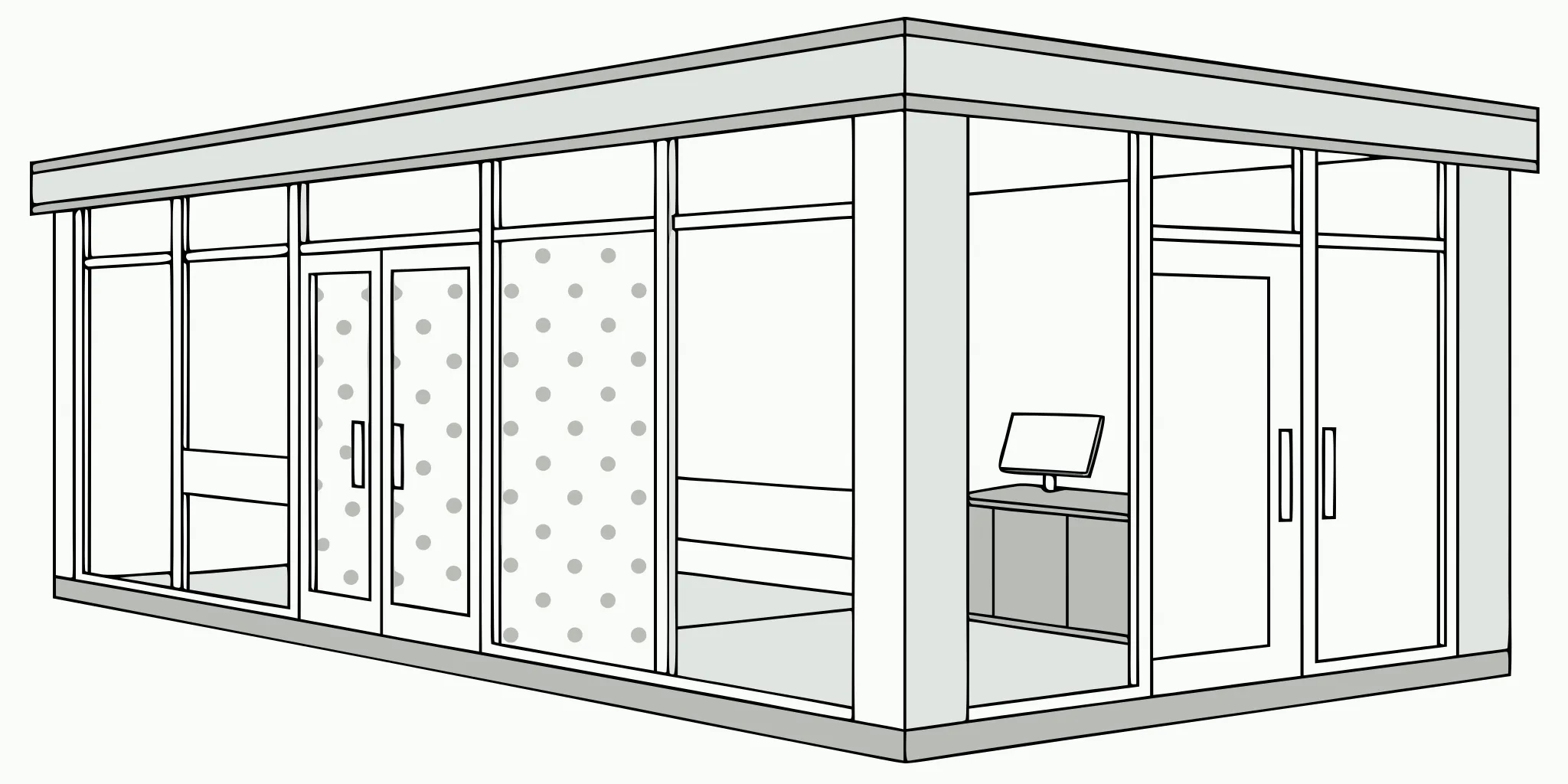 Modern office interior with frosted glass manifestation dots and distraction banding safety markings on clear glass doors.