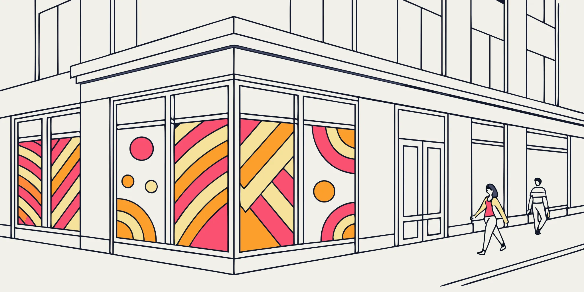 Modern retail storefront with colorful vinyl window graphics and decals professionally installed on glass