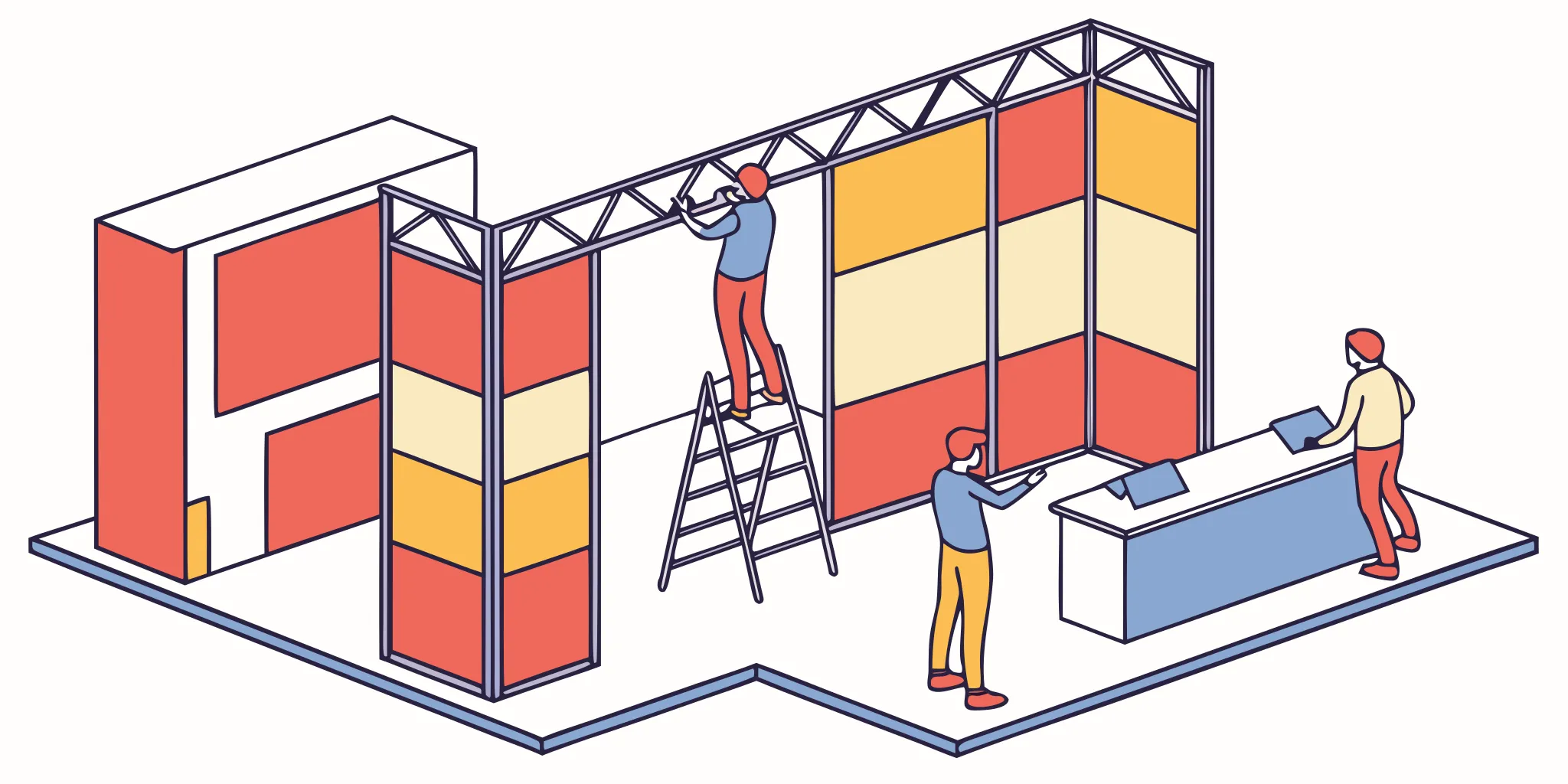 Professional trade show booth with large-format vinyl graphics being installed at a convention center