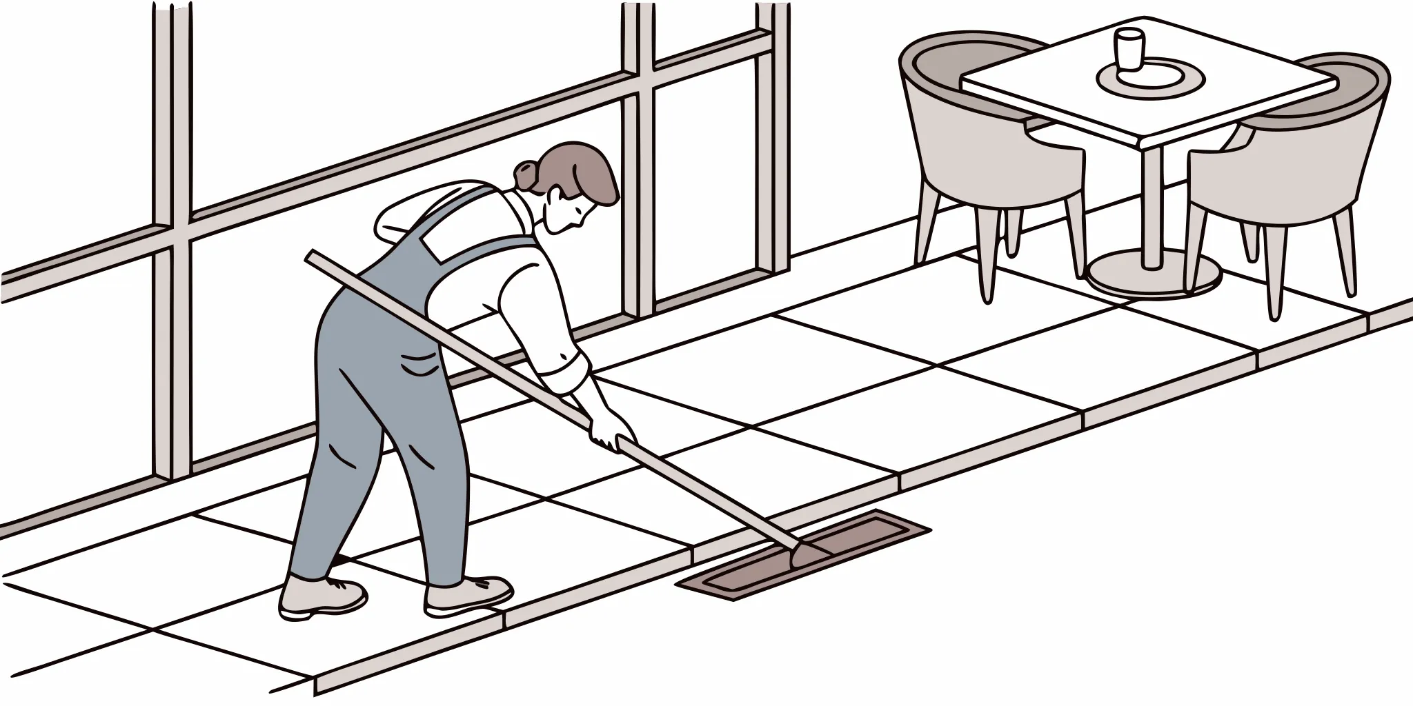 Professional installer applying a durable vinyl graphic to a restaurant dining-room floor