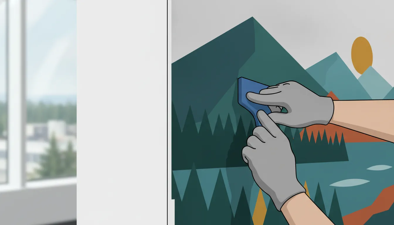 Vinyl graphic installer applying a large-format wall mural