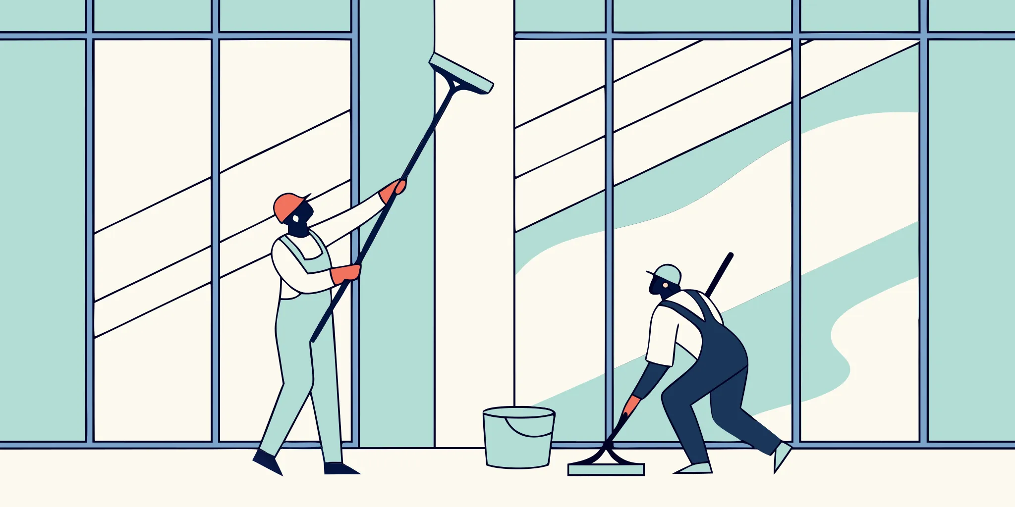 Professional installers applying a colorful brand mural to a modern office wall