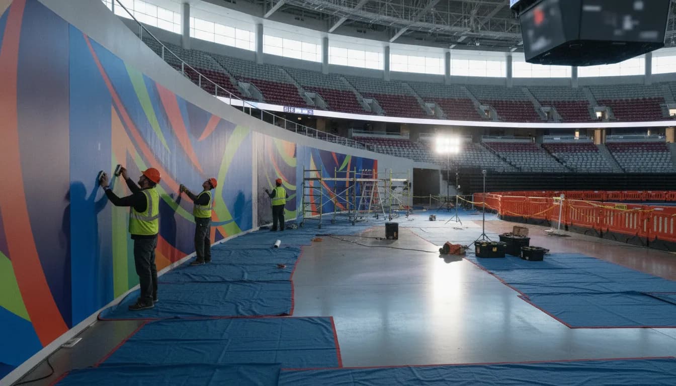 Crew installing arena wall wraps inside a sports venue