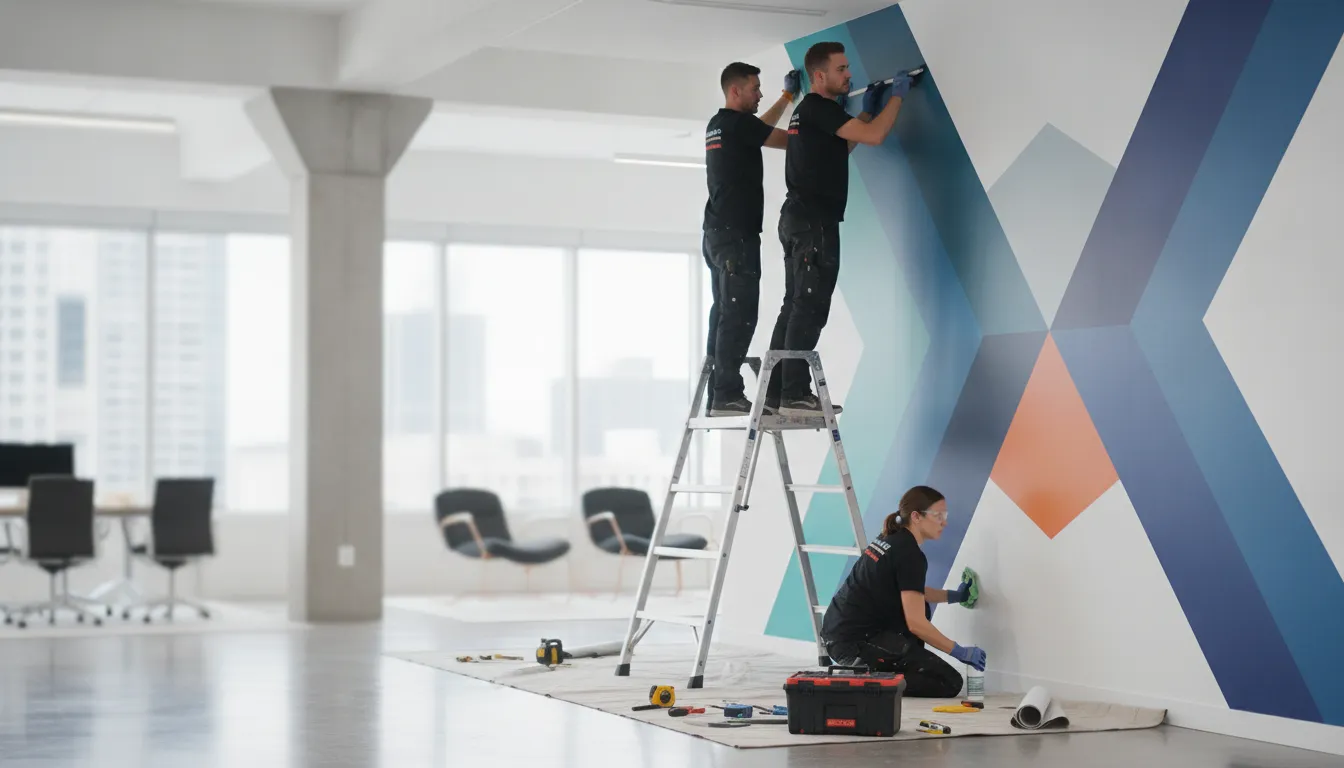 Crew applying commercial vinyl graphics in a retail environment