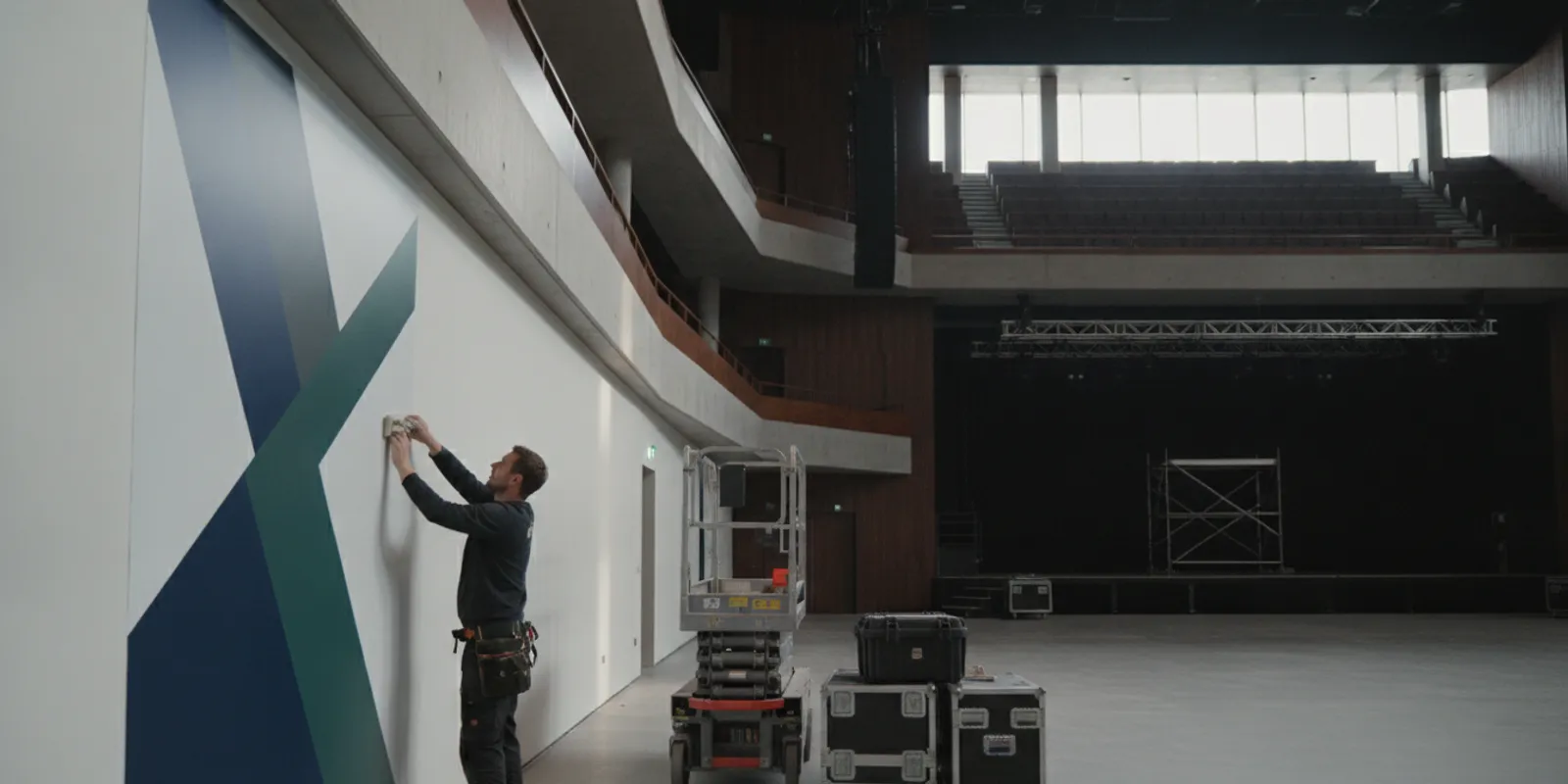 Installer aligning a large-format graphic on an interior concert venue wall
