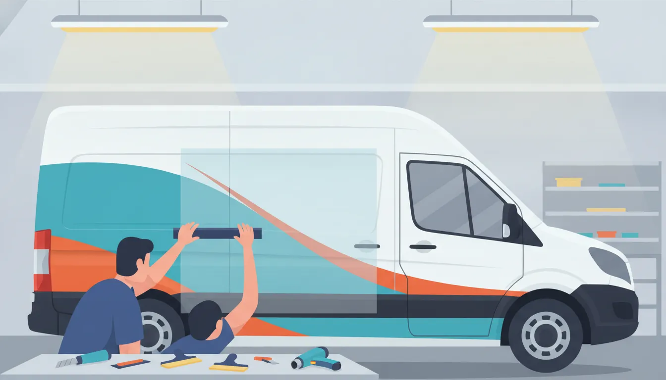 Installer applying a vinyl wrap to a commercial fleet van in a workshop