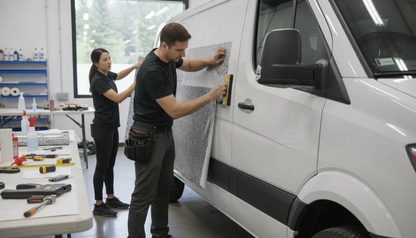 Professional installer applying a printed vinyl graphic to a commercial service van