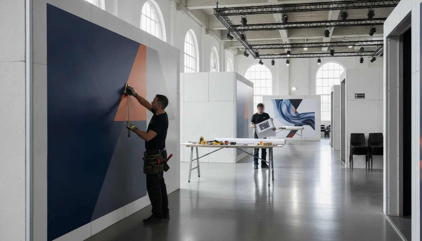 Multi-use venue graphics installation crew preparing a changeover