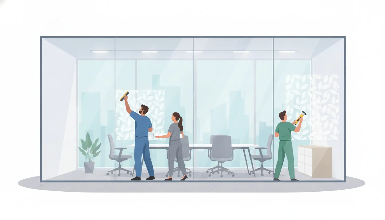 Installer applying privacy window film to a commercial office conference room