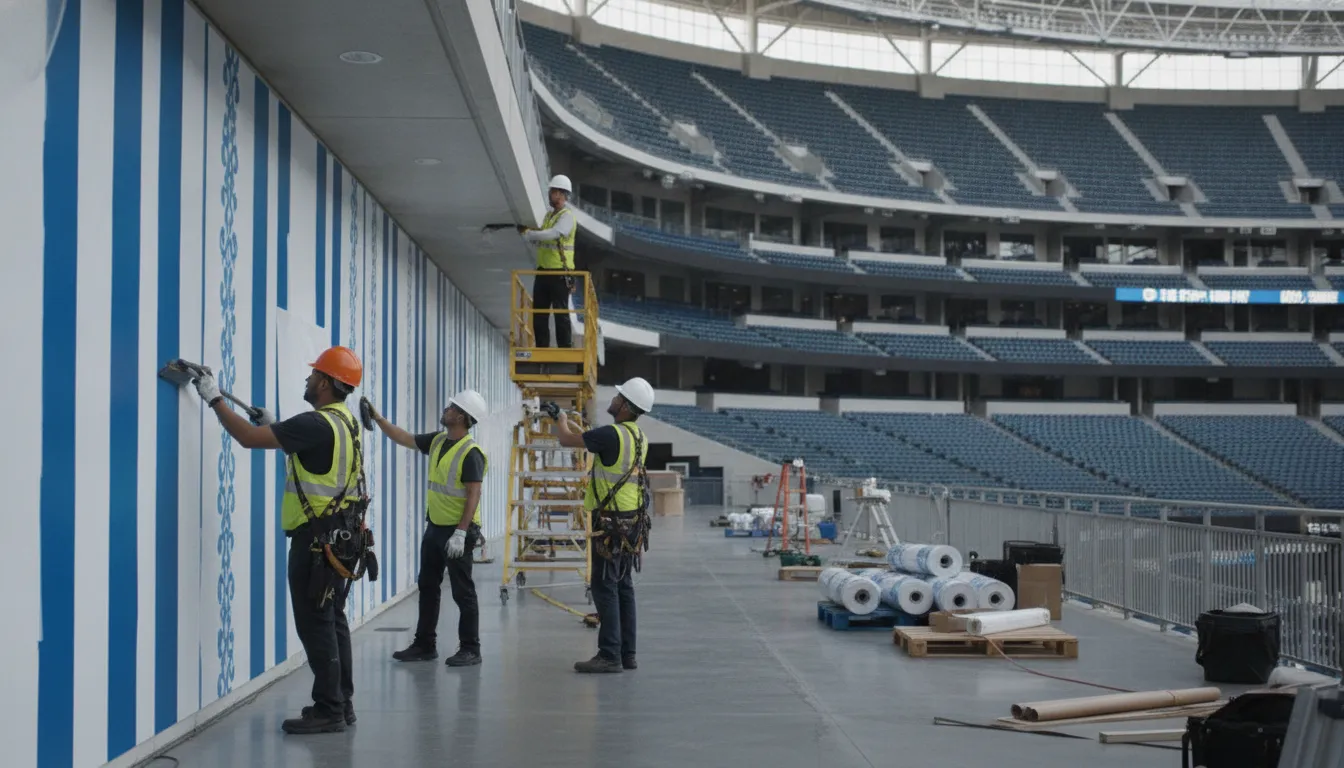 Stadium sponsorship branding installation in a professional venue