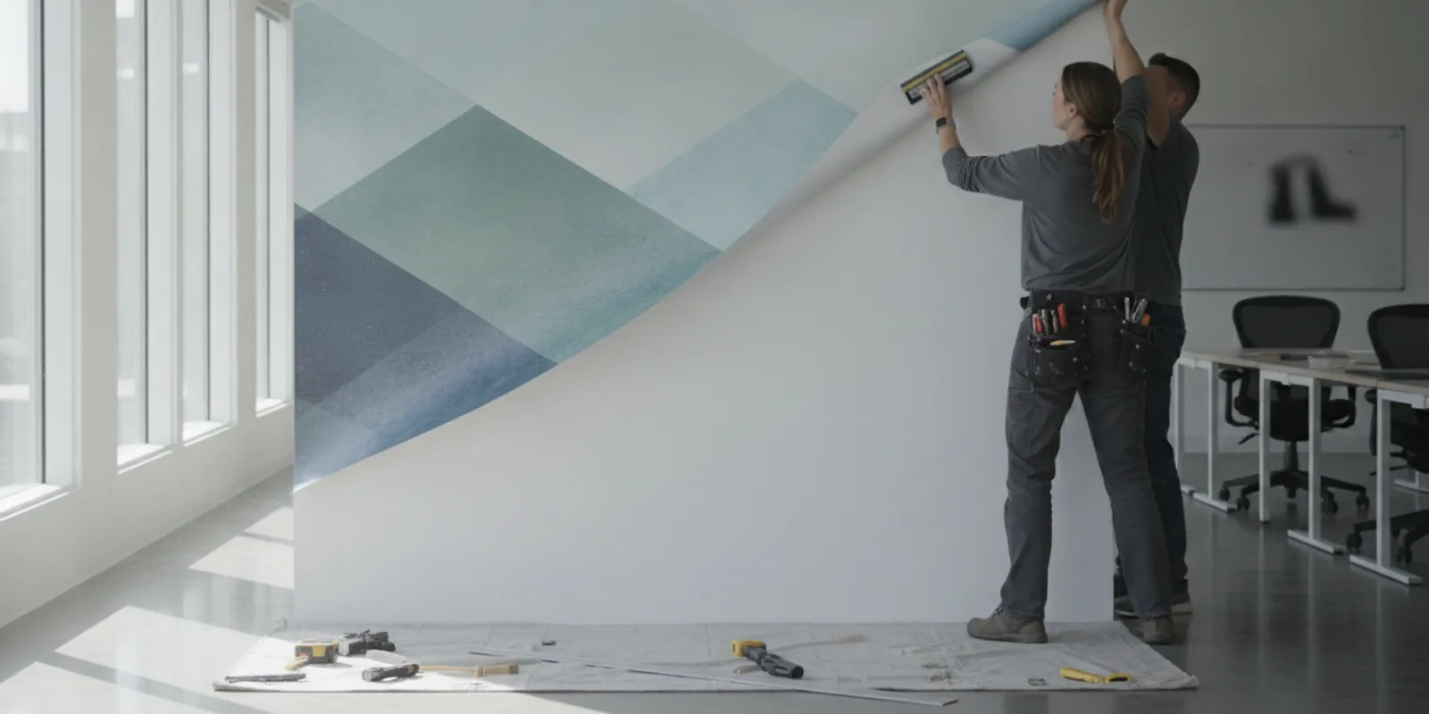 Installer applying a large vinyl graphic to an indoor commercial wall in a clean, climate-controlled workspace