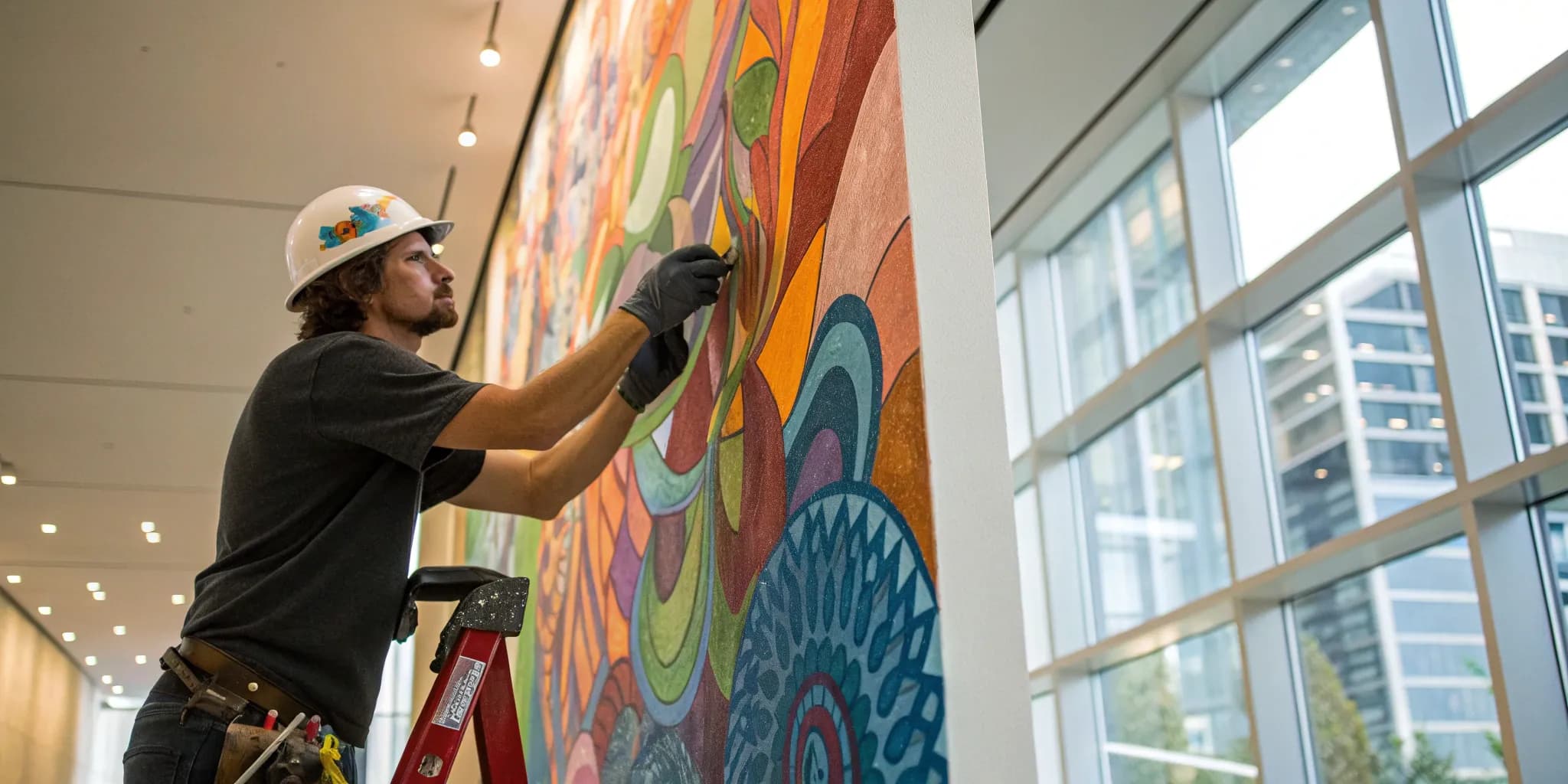 A professional performing a wall mural installation.