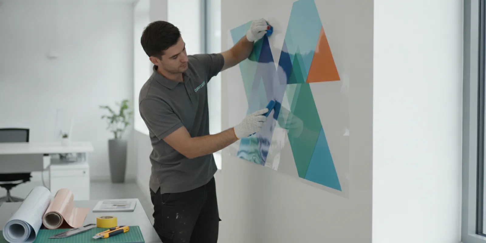 Commercial vinyl graphics installer applying a branded wall mural in a modern business interior