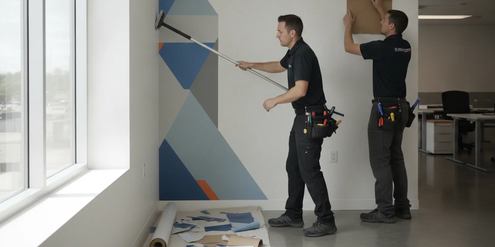 Commercial vinyl graphics installer applying a large vinyl graphic inside a business facility