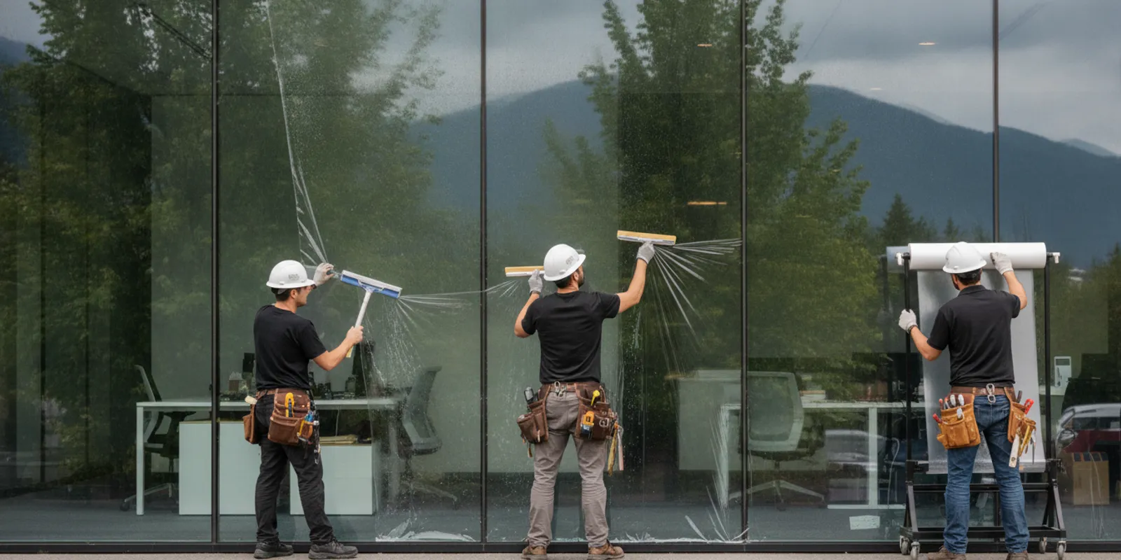 Technician applying commercial window film to a Portland office storefront