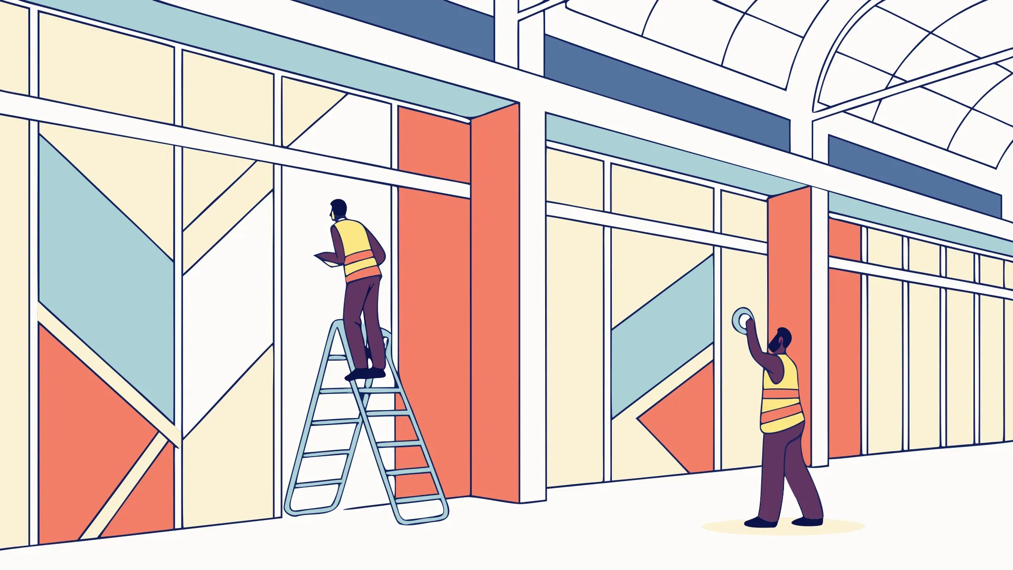 Professional installation crew applying large-format vinyl graphics on a convention center concourse wall
