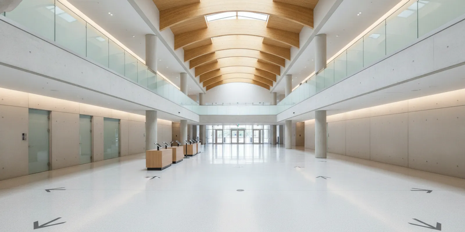 Directional vinyl wayfinding graphics guiding guests through a bright event venue corridor