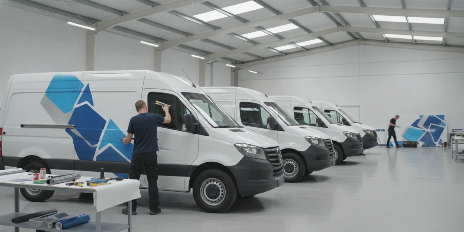 Commercial service vans lined up for coordinated graphics installation