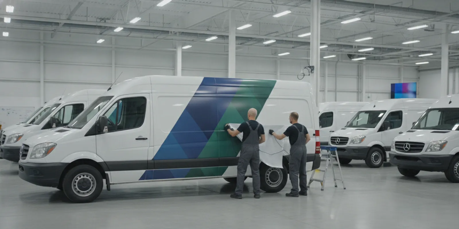 Commercial service vehicles receiving coordinated new fleet graphics during a rebrand rollout