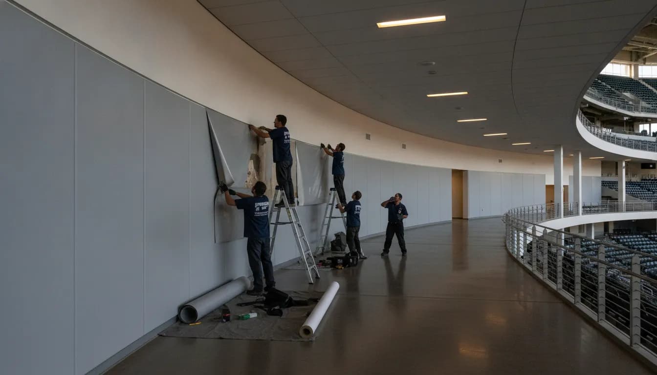 Installers replacing stadium graphics during an off-hours changeover