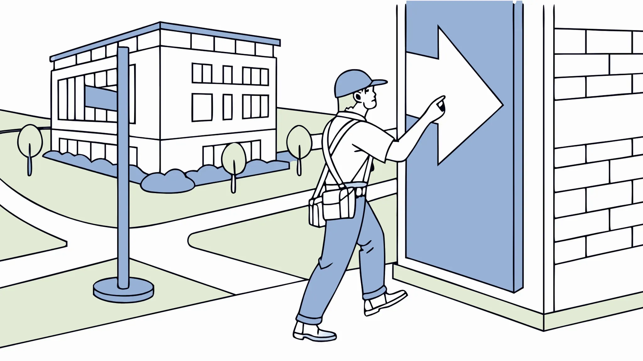 Professional wayfinding signage installation on a corporate campus building exterior