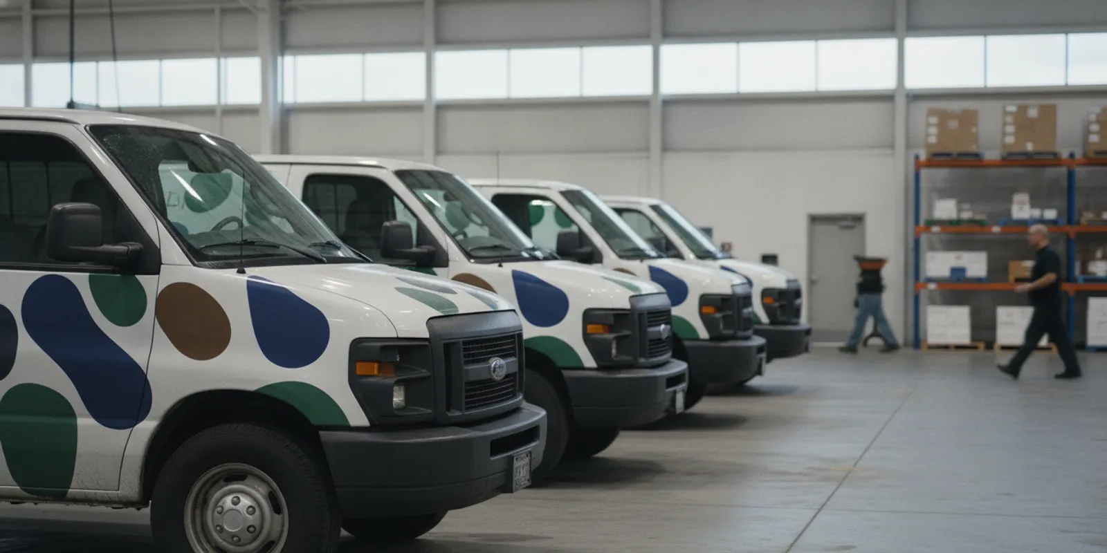 Commercial service vans with consistent branded graphics parked in a row before a fleet rollout