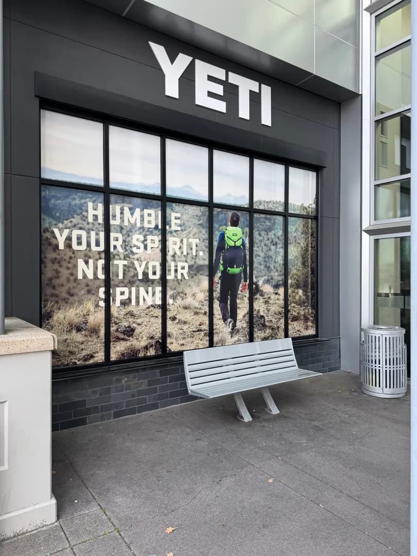 Completed seasonal window graphics at the Yeti Washington Square storefront