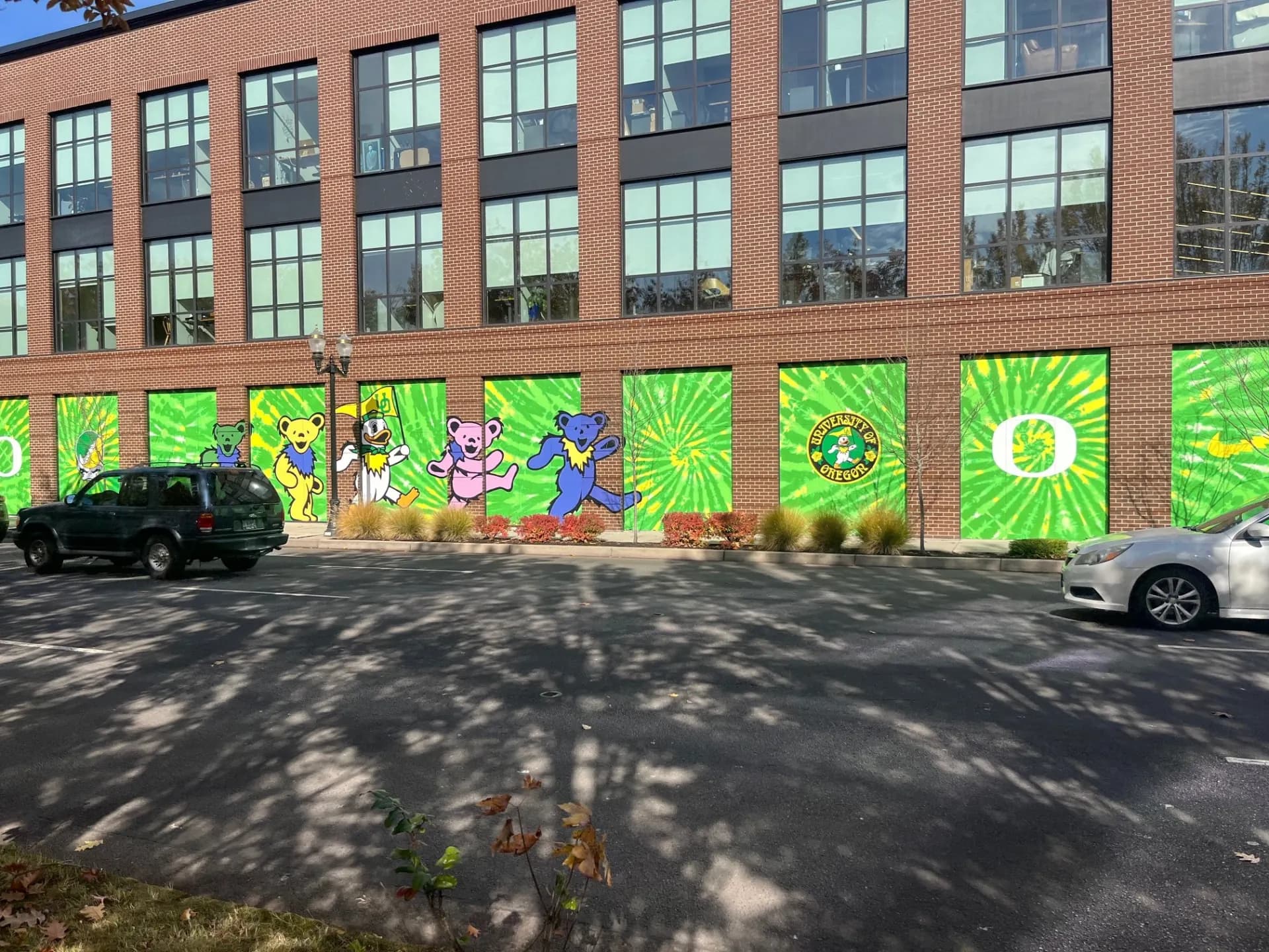 Window graphics installed on a brick storefront