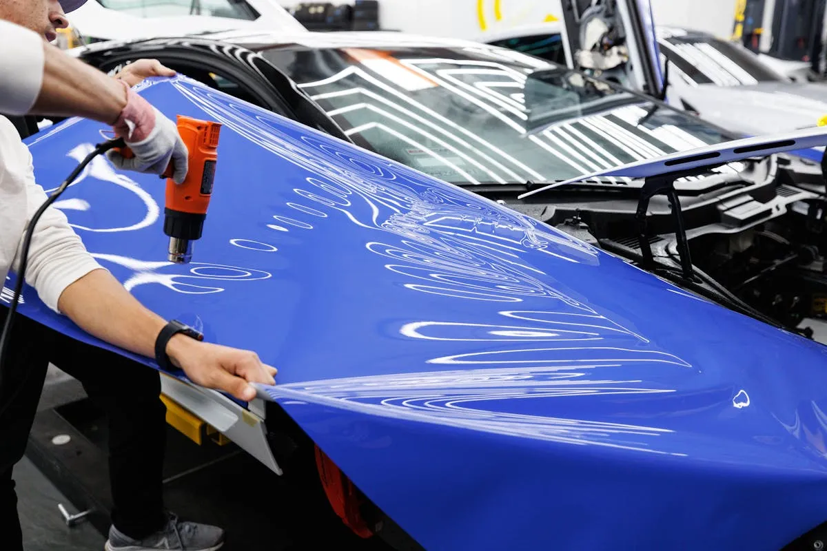 Professional car wrapping tools including squeegees and heat gun
