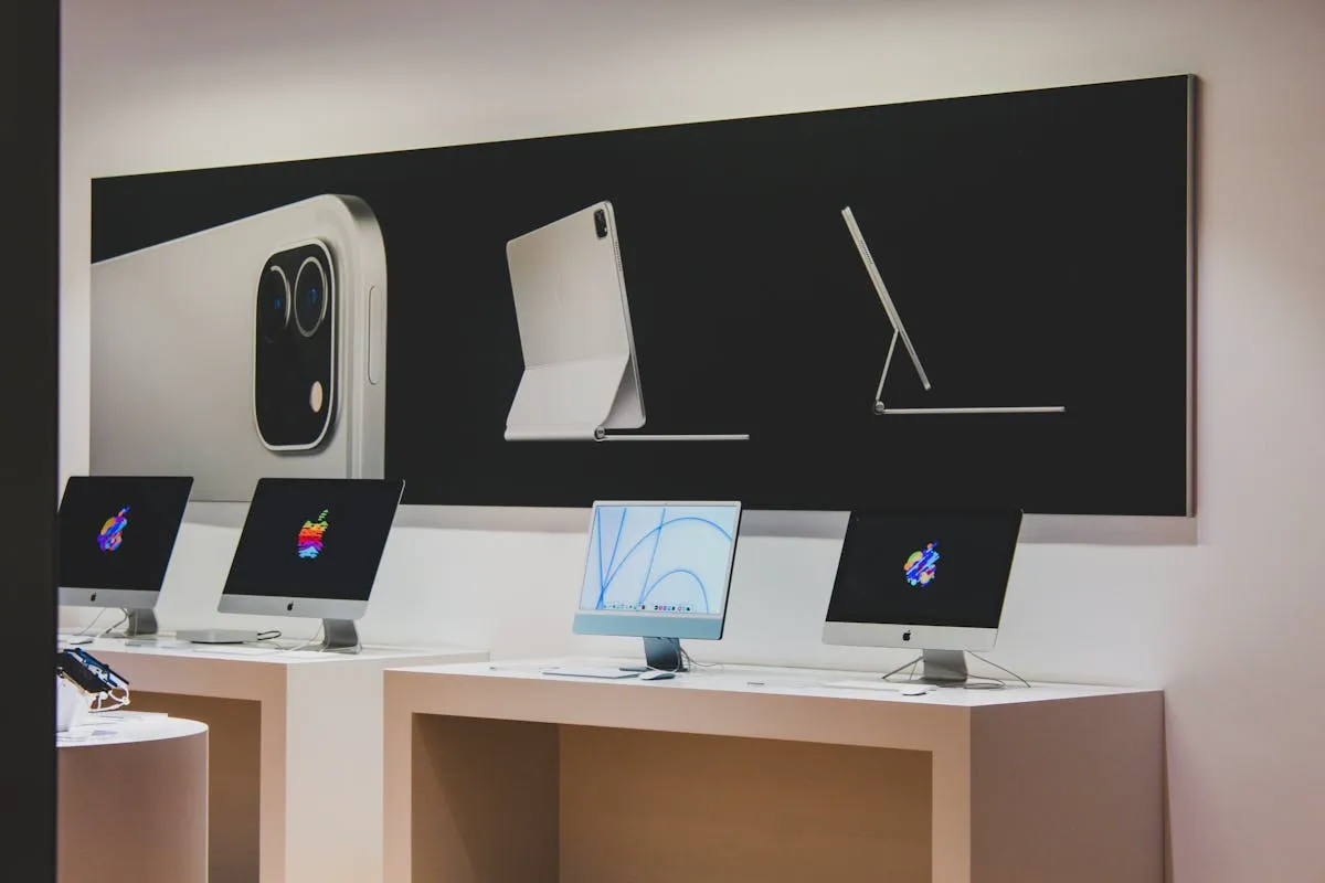 Modern retail store interior with branded graphics and technology displays