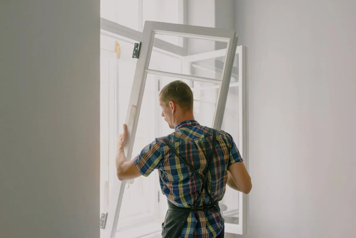 Professional installer applying vinyl graphics to a glass window surface