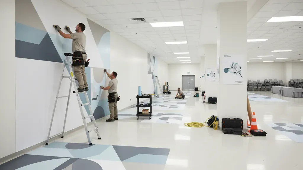 Installers preparing temporary event graphics installation for venue wall decals and floor graphics