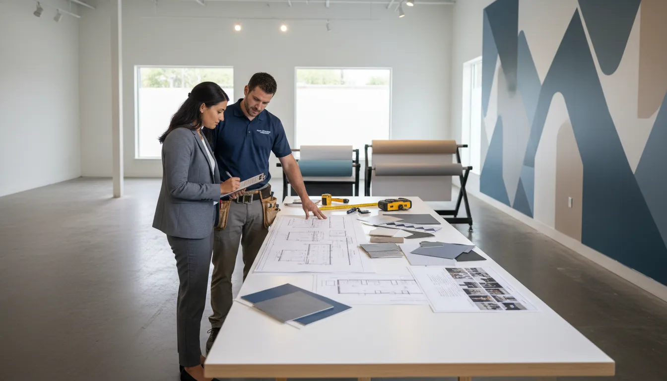 Operations manager reviewing a franchise graphics rollout checklist with a certified vinyl installer in a retail space